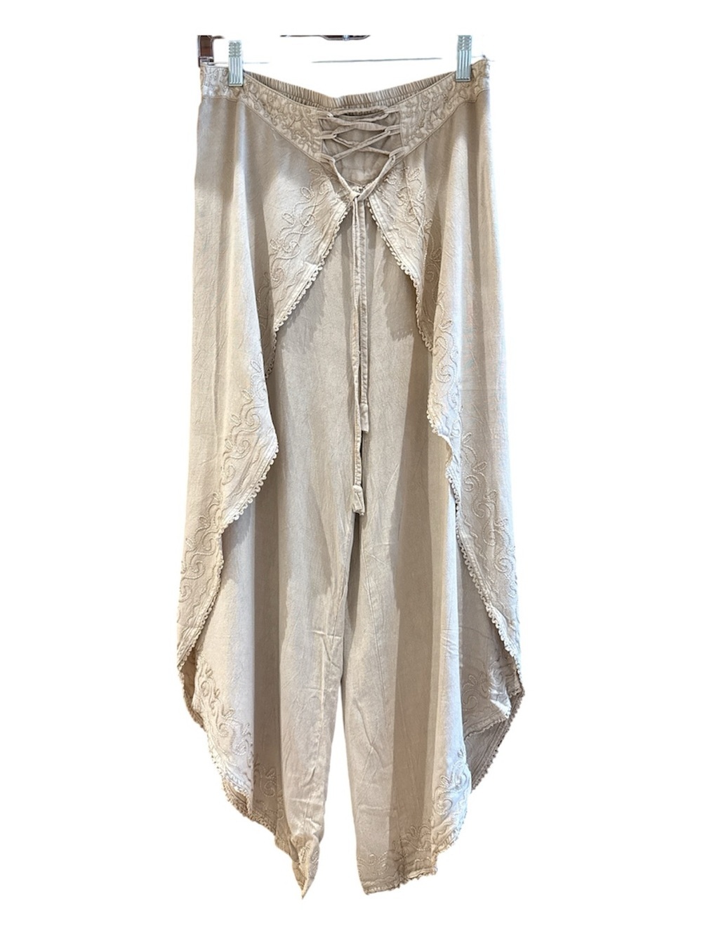 Boho Embroidered Tie-Waist Wide Leg Pants in Taupe one size - Picture 5 of 10
